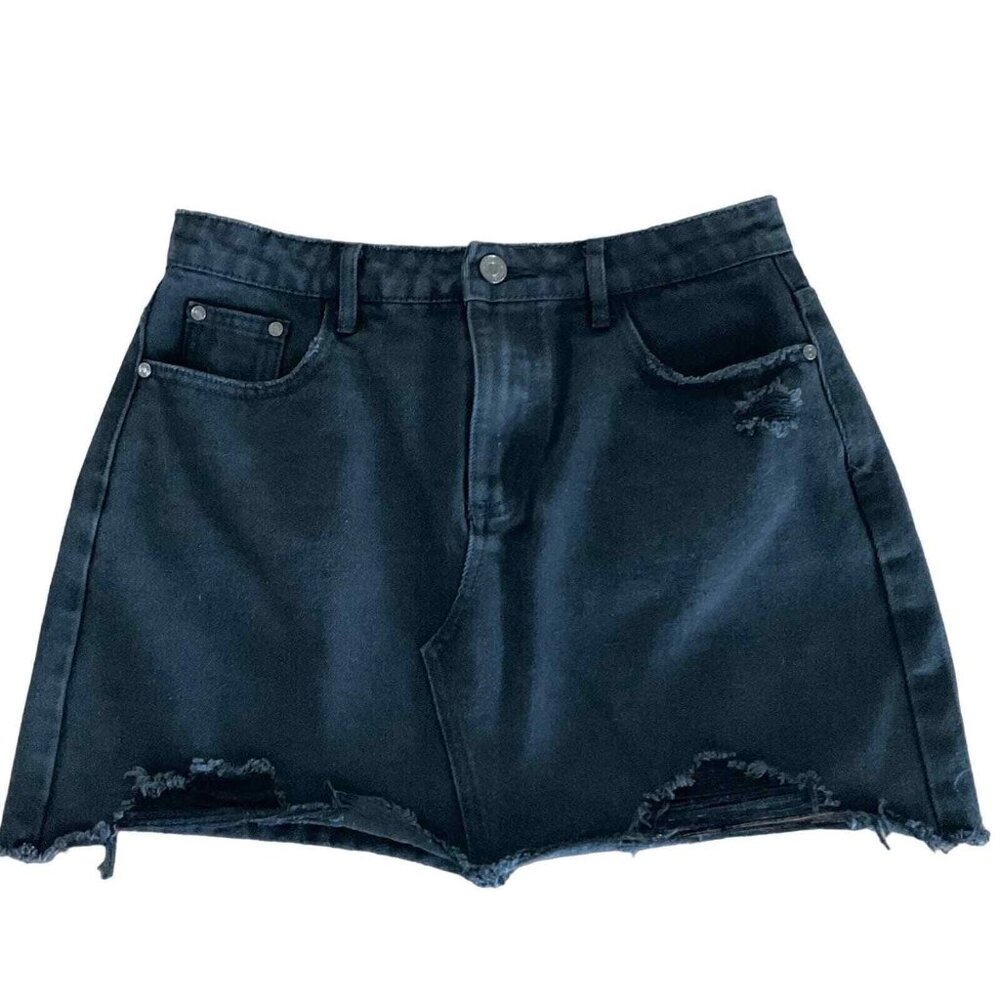 Missguided Womens Black Cotton A-Line Denim Jean Skirt Small‎ Raw Hem